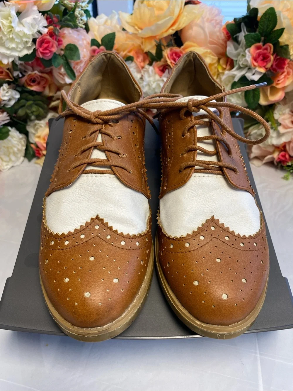 Ollio Oxford M2913 Wingtip Two-Tone Lace-Up Brown White Size 7.5